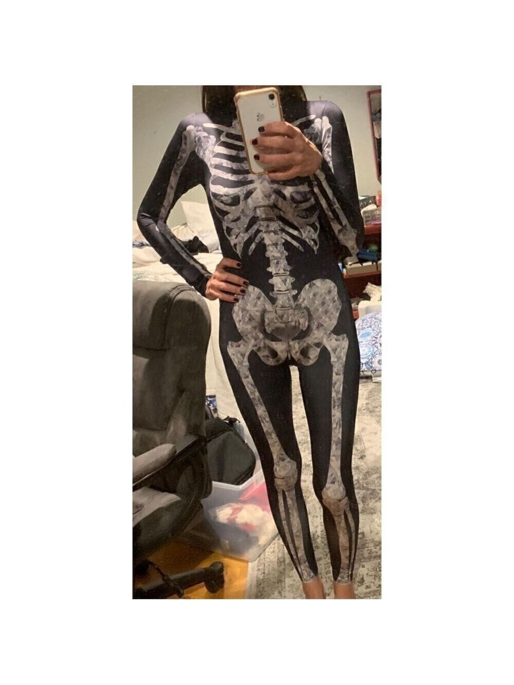 𝅺3d White Skeleton Halloween Costume Cosplay Jumpsuit Bodysuit Long Sleeve NWT